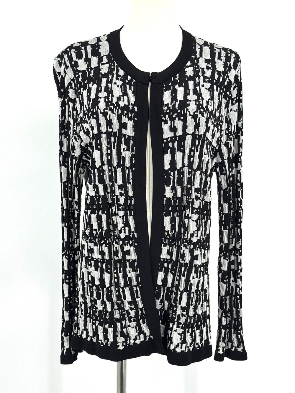 Jones New York Black and White Open-Front Knit Cardigan Sweater